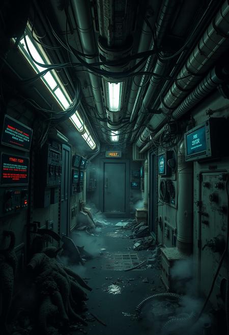 A creepy, dimly-lit corridor on a derelict spaceship, with broken wires hanging from the ceiling and steam hissing from ruptured pipes. The walls are lined with old, malfunctioning control panels that flash sporadically with error messages. The floor is littered with debris, and strange, organic-looking growths have started to take over parts of the ship. The atmosphere is thick with tension, as if something unseen is watching from the shadows.