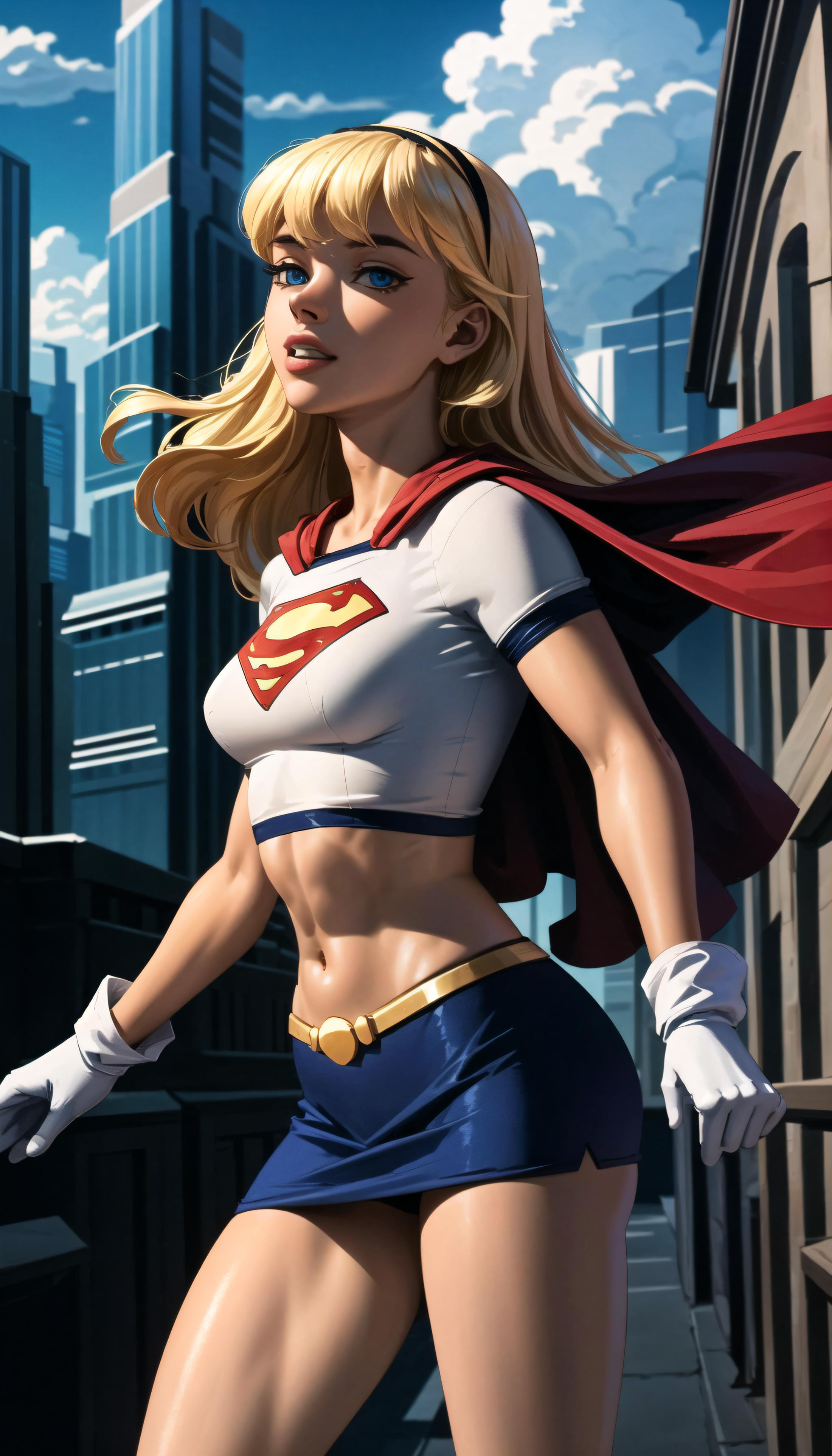 A superheroine in a white and blue costume stands in the city.