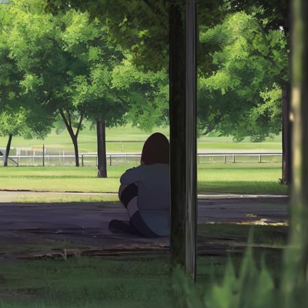 (high quality), 1girl, park, leaves, sitting, (depth of field), <lora:Sawaato_Art_Style:1>