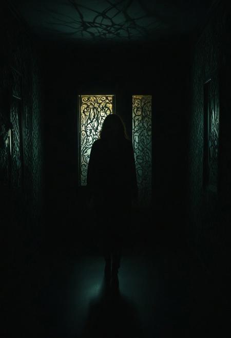 1girl, The room gradually transforming into a dark, twisted version of her reality, with shadows creeping closer, symbolizing her entrapment