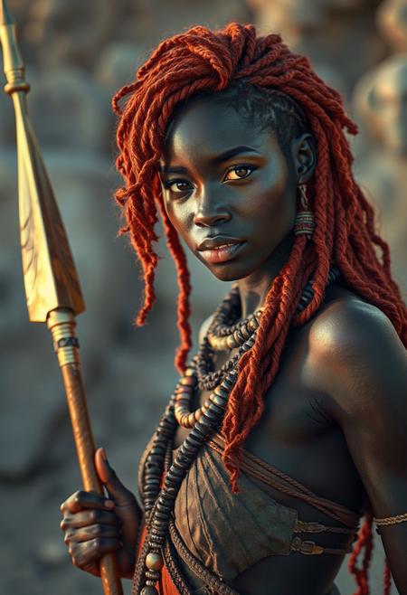 (masterpiece), (ultra realistic), (8k, cinematic lighting), (ambient_occlusion), (volumetric shadows), (rim lighting), ((exceptionally beautiful red-haired woman)), 22 years old, dark melanin skin, soft hourglass figure, long coily hair with beads, wearing a zulu women warrior attire, outside holding a golden spear.