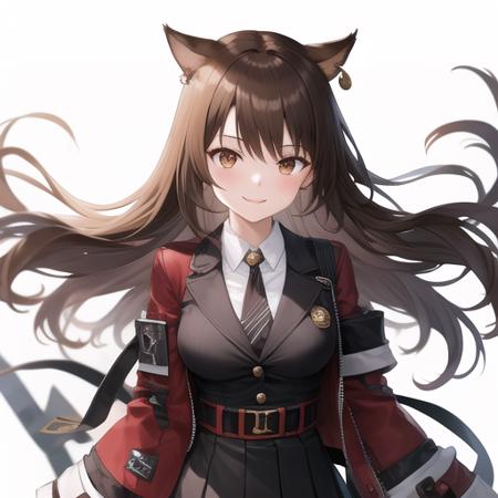 masterpiece,best quality,absurdres,highres,1girl,solo,upper body,(portrait:1.2),animal_ears,cat_ears,long_hair,cat_tail,brown_hair,red_jacket,black_footwear,red_pantyhose,looking_at_viewer,gradient_legwear,brown_eyes,belt,sleeves_past_wrists,open_jacket,medium_breasts,black_skirt,smile,high heels,bangs,long_sleeves,pleated_skirt,white_shirt,wide_sleeves,earrings,collared_shirt,brown_pantyhose,floating_hair,black_necktie,jewelry,black_pantyhose,striped,short_dress,black_jacket,<lora:Skyfire(ark)>,