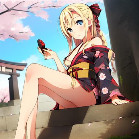 ((masterpiece,best quality)), (1girl, solo), blonde hair, blue eyes, bare legs, cherry blossoms, day, flower, hair ribbon, japanese clothes, kimono, long hair, looking at viewer, obi, outdoors, sandals, stairs, sitting, statue, torii, tree, thighs, (microskirt), barefoot sandals, (no panties), flat chest, nipples, (wide spread legs), spread pussy, (facing viewer), pussy, pussy juice,  <lora:wilhelmina V1.1:1>