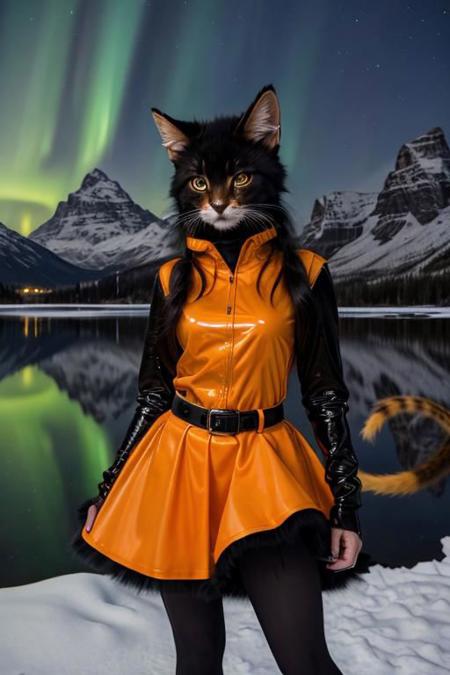(8k, RAW photo, best quality, masterpiece:1.2) A young catgirl  with orange fur wearing a black latex skirt and shirt in a wintery landscape in front of a mountain and lake with the Aurora Borealis occurring in the sky.