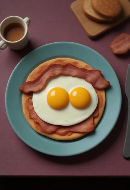 claymation, novuschroma51 style, egg and bacon breakfast on a plate, on a table. The claymation background has a whimsical, storybook-like charm, reminiscent of classic stop-motion animation. (masterpiece: 2), best quality, ultra highres, original, extremely detailed, perfect lighting)