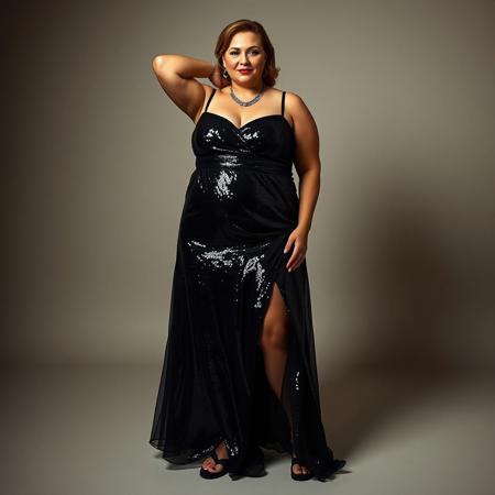 masterpiece portrait of full-body shot of a confident chubby woman::1.4, fashion editorial style::1.2, hyperrealistic photography art::1.1,
(physical description: mature curvy figure with fair skin, soft arms, and poised stance, hands placed behind head:1.1),
(facial features, expression: bold red lips, strong cheekbones, calm confident gaze toward camera:1.0),
(clothing details: floor-length shimmering black sequin gown with spaghetti straps, sheer overlay at hem:1.0),
(accessories: layered silver statement necklace, black minimalist flip-flop sandals showing perfectly pedicured toes:0.9),
(background setting: minimalist neutral studio backdrop, subtle shadows cast on wall and floor:0.9),
(lighting style: bright softbox light from front, faint side shadows creating depth:0.8),
(composition and camera framing: centered full-body portrait, slight low angle to enhance height:1.0),
(emotional tone or theme: empowerment, elegance, quiet confidence:0.9),
(technical execution: crisp focus on sequins’ reflective texture, realistic skin tones, smooth gradient background:0.8)