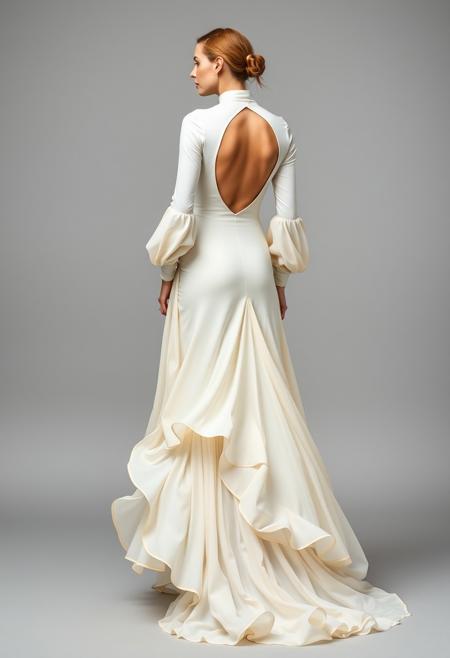 The image is a full-length portrait of a woman in a flowing cream dress. The dress features a high neck and long sleeves, with a large cutout on the back, and the fabric cascades down into a dramatic, floor-length train. The garment is crafted with waves and layers of fabric, creating a sense of movement and depth.