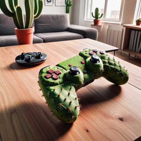 Video game controller with cactus buttons, in a table in a livingroom