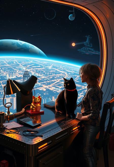 A sleek black cat with red collar sits on a cluttered metal riveted desk with transparent top and micro-LED lighted computer components visible inside, On the desk is a gold and lacquer maneki neko statue and an art deco desk lamp, the Black Cat is looking out of a seamless and futuristic floor to ceiling window that looks out at a planet from low orbit, the planet is covered with the lights of enormous buildings and cities, (((a beautiful woman, 24 years old, is standing next to the desk the cat is sitting on and looking longingly out the window, the woman is dressed in an ornate Japanese style shirt and tight leather pants with an ornate design. An enormous deco starship with futuristic lighting and an enormous space station are visible in the background among the stars, The woman's hair is messy from just waking up and tied up with a ribbon.  Artistic cyberpunk, dynamic perspective, (((overall architectural aesthetic is Art Deco Cyberpunk))).  Epic image that elicits a feeling of wonder and awe,