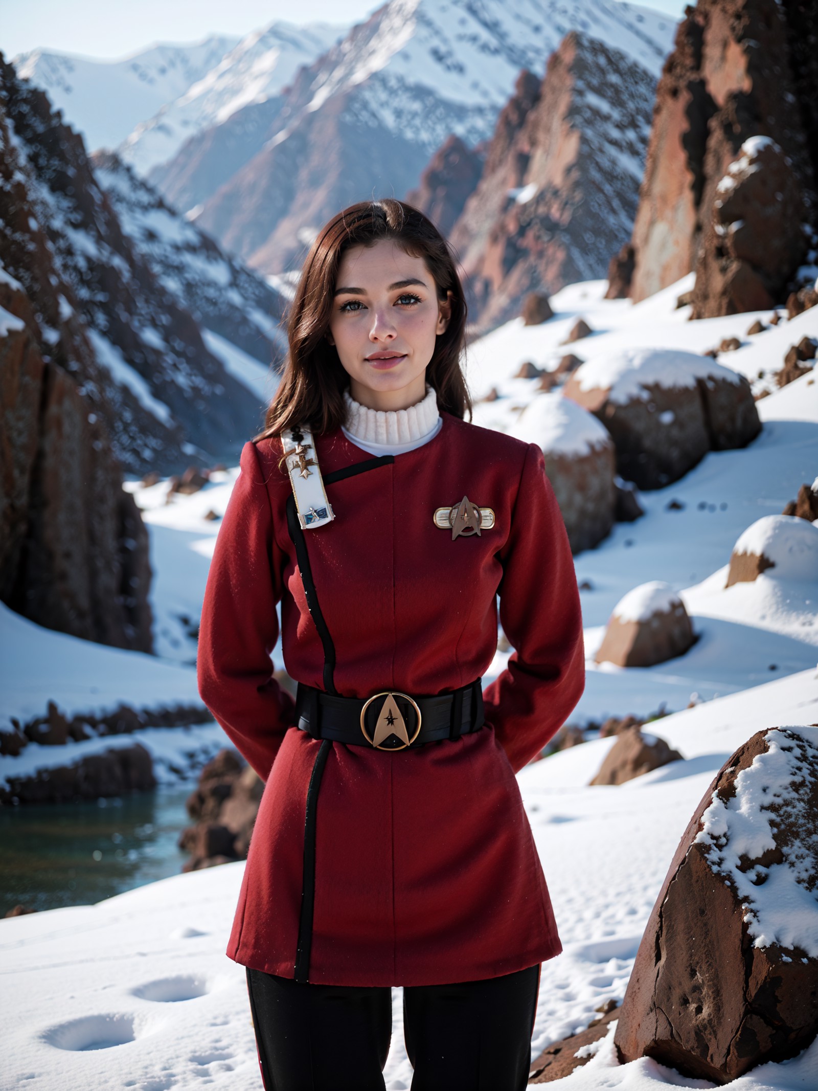 woman in (red twokunf uniform:1.3)
mountains,winter,sunny,rocks
masterpiece, best quality, soft light, bokeh, real shadow,...