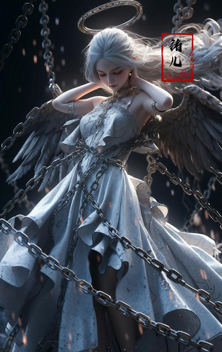 Epic CG masterpiece, a woman dressed in an angelic outfit in chains, delicate face, hdr,dtm, full ha,8K, ultra detailed graphic tension, dynamic poses, stunning colors, 3D rendering, surrealism, cinematic lighting effects, realism, 00 renderer, super realistic, full - body photos, super vista, super wide Angle, rich details, highest quality, extremely exquisite,
Black background1girl, chain, wings, solo, dress, blindfold, white dress, jewelry, veil, choker, ring, own hands together, angel wings, feathered wings, covered eyes, halo
 <lora:~Q?-Y)O Angel:0.8>