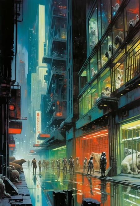 first person view, crowd, (John Berkey Style page, John Harris Style page, John Blanche Style page) painting
(((The scene of a massacre)))
(absurdist grotesque hyper brutalist and zoo cyberpunk city:1.4), (zoo district, caged animals, spotlights), animals, zoopunk, visitors,(colours/black/white), patterns, textures, dark night, (bokeh), complex background, intricate details, dynamic, clashing colours, glow, source light, intricate detail, Suthin tones, hyperdetailed, reflections, muted colors, <lora:add-detaill-xl:1>