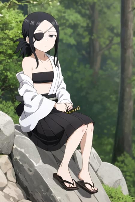 masterpiece, best quality, <lora:kunoichi_aogiri:0.7>  kunoichi_aogiri, 1girl, solo, black eyes, eyepatch, black hair, folded ponytail, breastplate, black skirt, looking at viewer, white kimono, sandals, katana, bare shoulders,