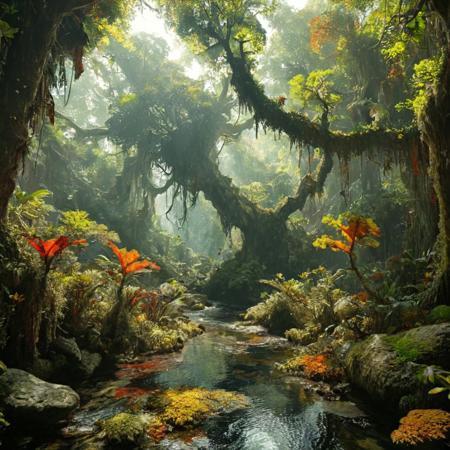 a realistic dense, prehistoric jungle teeming with life, where towering trees with gnarled trunks and oversized leaves create a lush canopy overhead. Shafts of sunlight illuminate patches of colourful plants and lichen. Strange creatures can be seen flitting between the branches. A stream winds through the jungle, its waters reflecting the rich vibrant colours of this amazing jungle