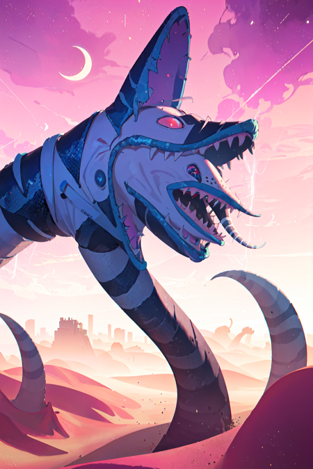 <lora:beetlejuiceSandy:.75>(masterpiece, best illustration),  sammie sandworm, (no humans),open mouth, tongue, teeth, snake, summer time, vaporwave, (pastel), synthwave, city punk, constellation, crescent_moon, kawaii, sci-fi city, dust, in the Sahara desert, rim lighting, side lighting, (best anatomy),  (dynamic angle),pov