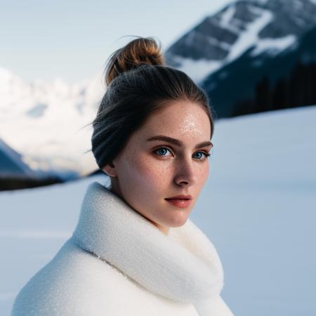 close up of Swedish woman, centered, (messy bun), pale skin, behind glacial mountains, snow, (high detailed skin:1.2), film grain, Fujifilm XT3, (high detailed face:1.3)