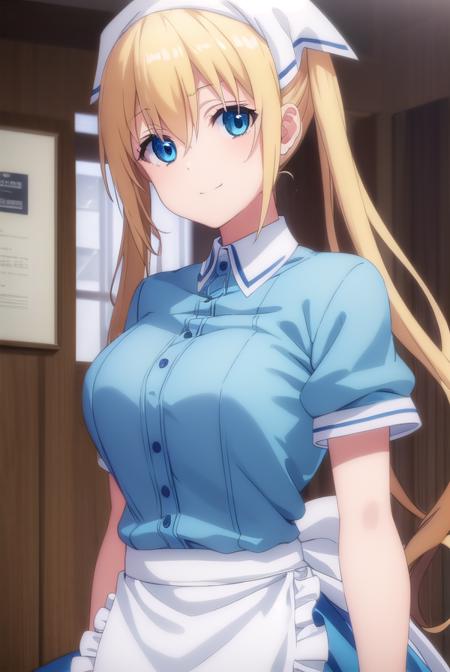 kahohinata, <lora:kaho hinata s1-lora-nochekaiser:1>,
kaho hinata, blonde hair, blue eyes, hair between eyes, long hair, sidelocks, twintails, smile,
BREAK apron, blue shirt, blue skirt, frilled apron, frills, gloves, head scarf, shirt, short sleeves, skirt, uniform, waist apron, waitress, white apron, white gloves,
BREAK indoors, restaurant,
BREAK looking at viewer, (cowboy shot:1.5),
BREAK <lyco:GoodHands-beta2:1>, (masterpiece:1.2), best quality, high resolution, unity 8k wallpaper, (illustration:0.8), (beautiful detailed eyes:1.6), extremely detailed face, perfect lighting, extremely detailed CG, (perfect hands, perfect anatomy),