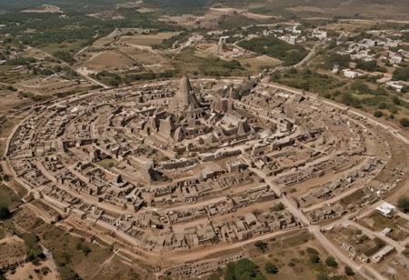 view from above, wide shot, birds eye view, looking towards the horizon, full shot, trees, rocks, tall grass, dead bushes, knocked over dead trees, stone roads leading to city ruins on the horizon, collapsed buildings, tall building ruins, destroyed towers, collapsed aqueducts,  branching stone roads, small destroyed town, ruined houses, skeletons on the ground, red rocks, ruined megaliths, large structure ruins in the distance, small settlement, Atlantean architecture, center city tower, buildings, Temple Ruin, ancient architecture, ancient-ruin-forest, animals,