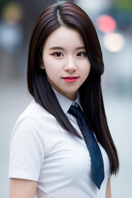 <lora:twiceChaeyoungV1:1>,Chaeyoung,1girl,woman,complex 3d render ultra detailed, smile, portrait of beautiful woman, moody portrait, striking features, beauty, intricate details, dramatic composition, tension, contrast, texture, realism, high-quality rendering, stunning art, high quality, film grain, Fujifilm XT3,swirly bokeh,(realistic, photo-realistic:1.4),RAW photo,physically-based rendering,(looking at viewer:1.4),(8k, best quality, masterpiece:1.2),(full body shot:1.2),octane render,extremely detailed CG, unity 8k wallpaper,in street,urban,city,(studio soft light,sunlight:1.1),hyper realistic detail shiny skin,ultra detailed,(standing:1.1),(a girl is wearing school uniform:1.5),(ultra realistic:1.5),(intricate:1.1),(photorealistic:1.4),1girl,(skinny:1.3),detailed background ,(large breasts:1.1)