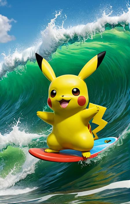 pikachu surfing on a wave made of green slime, pokemon tcg image, trending on artstation