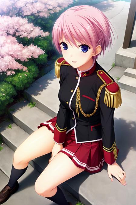 miowal, 1girl, solo, hairclip, school uniform, epaulettes, aiguillette, pleated skirt, kneehighs, shoes, brown footwear, smile, parted lips,  looking at viewer, smile, sitting, cherry blossoms, stone stairs, from above  <lora:miowal_V3-11:0.7> <lora:komori-style_v3.0:0.25>