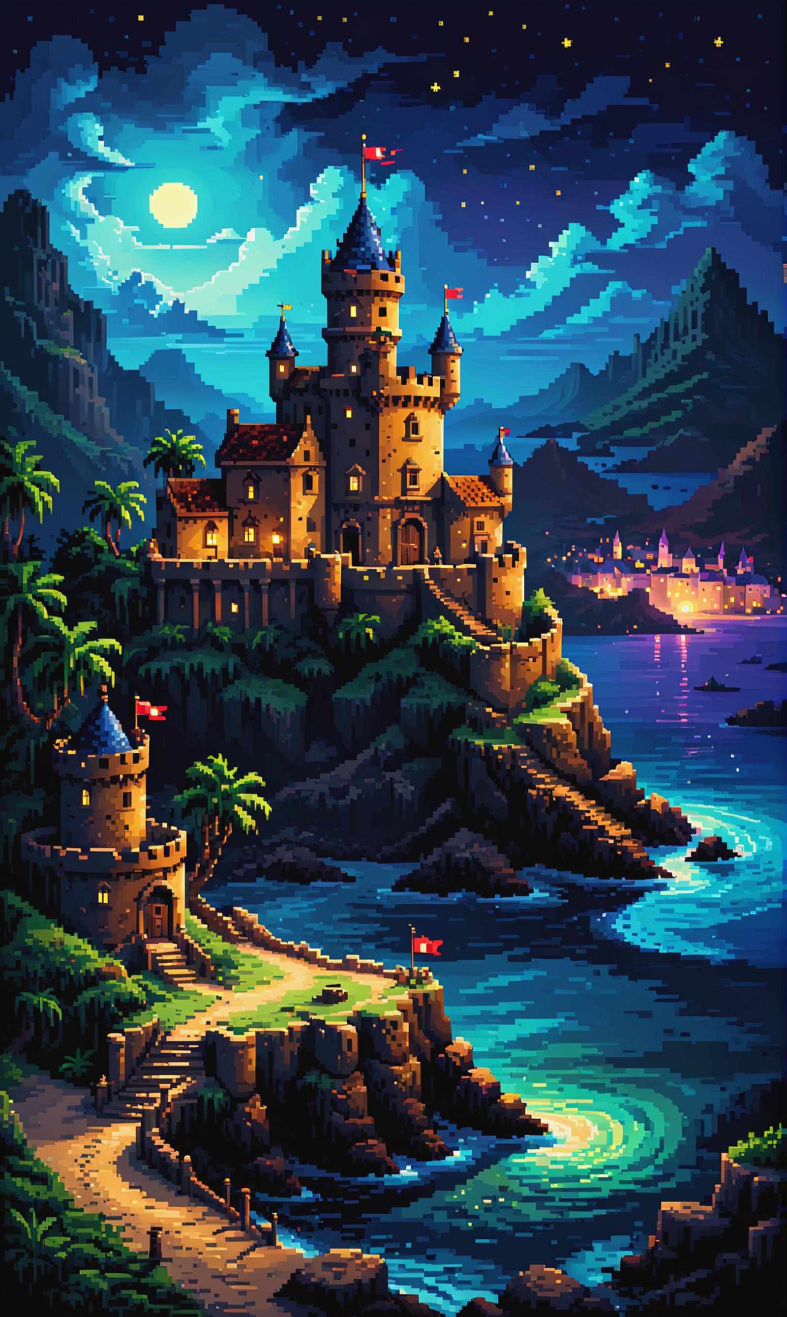 A beautifully drawn illustration of a castle on a mountain side with a blue sky and a body of water in the background.