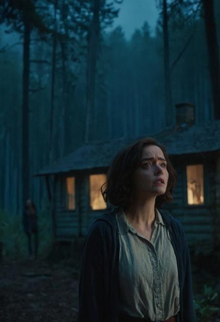 Cinematic frontal wide shot, landscape shot, dark night, full shot close up of dark haired woman standing and looking at someone offscreen, slight frown, scared expression on her face, backside of a large forest cottage with dim light, eerie, legion core, night lighting, muted color tones, dark blue and mahogany color tones, cinestill , fog, clouds, scary scenes,