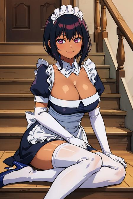 masterpiece, best quality, <lora:maidlilith-nvwls-v1-000009:0.9> defLilith, dark skin, maid headdress, detached collar, maid dress, cleavage, short sleeves, puffy sleeves, white elbow gloves, apron, huge breasts, smile, looking at viewer, mansion, staircase, sitting, white thighhighs, high heels, sitting, looking at viewer, smile