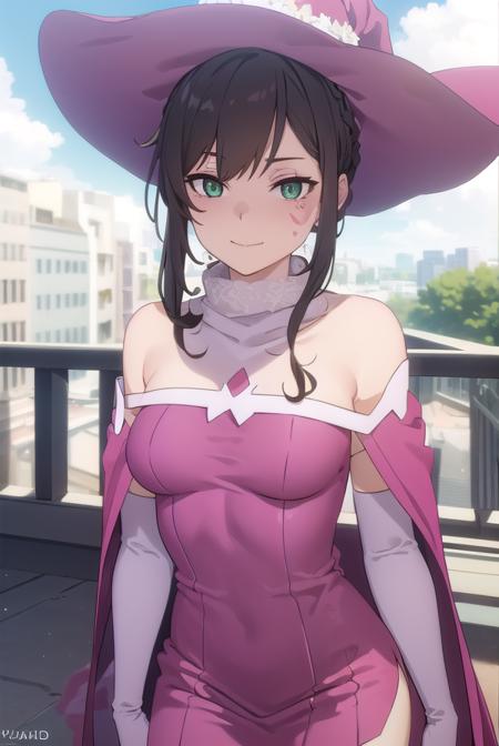 v lila f, brown hair, black hair, (green eyes:1.3), braid, sidelocks, hair bun, makeup, facial mark, single hair bun, hair between eyes, hat, nurse cap, nurse, short sleeves, gloves, hat, dress, bare shoulders, elbow gloves, cape, witch hat, pink dress, witch,