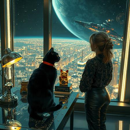 A sleek black cat with red collar sits on a cluttered metal riveted desk with transparent top and micro-LED lighted computer components visible inside, On the desk is a gold and lacquer maneki neko statue and an art deco glass and metal lamp, the Black Cat is looking out of a seamless and futuristic floor to ceiling window that looks out at a planet from low orbit, the planet is covered with the lights of enormous buildings and cities that maintain realistic scale, (((a beautiful woman, 24 years old, is standing next to the desk the cat is sitting on and looking longingly out the window, the woman is dressed in an ornate Japanese style shirt and elegant leather pants with an ornate design. An enormous deco starship with futuristic lighting and an enormous space station are visible in the background among the stars, The woman's hair is messy from just waking up and tied up with a ribbon.  Artistic art deco, dynamic perspective, (((overall architectural aesthetic is Art Deco Cyberpunk))).  Epic image that elicits a feeling of wonder and awe, inspired composition of a master image artist using exact proportionality and exquisite use of colors light and shadows,