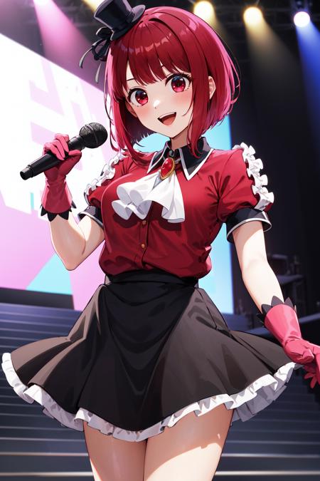 aakana, short hair, beret, red eyes, blue headwear, red bowtie, collared shirt, blue jacket, open jacket, long sleeves, grey skirt aakana, short hair, mini hat, head tilt, red eyes, jewelry, brooch, white ascot, frills, red shirt, short sleeves, pink gloves, black skirt