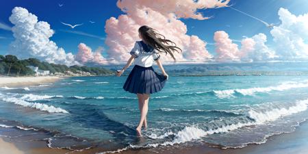 (masterpiece:1.2),best quality,PIXIV,
blues,1girl,bird,cloud,solo,sky,outdoors,skirt,black hair,scenery,barefoot,long hair,day,school uniform,holding shoes,shoes,shoes removed,water,blue sky,seagull,serafuku,pleated skirt,contrail,ocean,shirt,white shirt,lighthouse,blue skirt,holding,blurry,walking,from behind,building,depth of field,short sleeves,
<lora:blues_20240115150616-000018:1>,