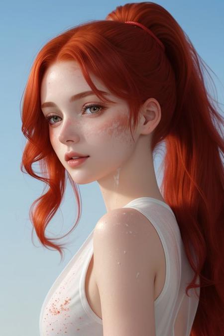 <lora:Coral_Miller:1> red hair, ponytail, wavy hair, brown eyes, color powder splashes on background, high quality photography,  <lora:powder_v1.0:1>