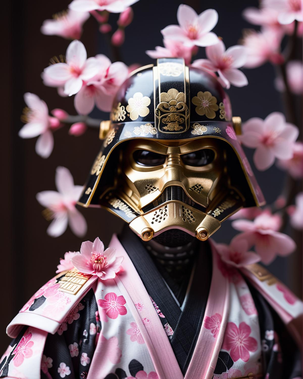 A Japanese doll in a black helmet and pink floral kimono with a flower on top.