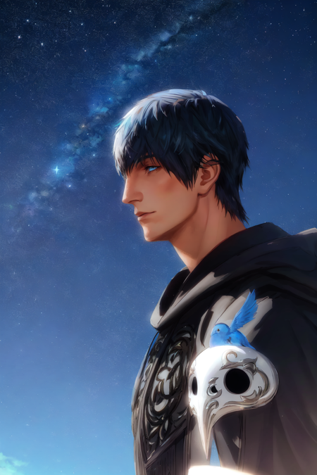 <lora:Hermes:0.75> Hermes FFXIV, short hair,upper body, sky, hood, from side, profile, mask, night, bird, hood down,  star (sky), night sky, starry sky, realistic, mask removed