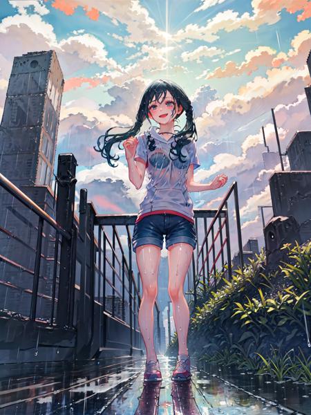 masterpiece, best quality, 1girl, solo, <lora:hin-5:1>, amano_hina, twintails, shorts, city, blue sky, shiny, smile face,cloudy sky,  wet, wet hair, praying,