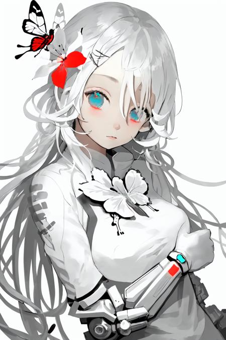 1girl, solo, long hair, looking at viewer, blue eyes, simple background, hair ornament, white background, hair between eyes, closed mouth, upper body, flower, white hair, hair flower, bug, red flower, butterfly, spot color, joints, mechanical arms, white theme,
 <lora:karohroka:1>