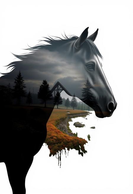 A hauntingly beautiful double exposure of a majestic horse silhouette, rendered in striking monochrome tones, superimposed against a vibrant natural landscape in the background. Sharp contrasts and clear lines define the apocalyptic consequences unfolding behind the equine form, while the crisp focus draws attention to the dramatic scene. Set against a brilliant white background, this high-quality illustration from Skyrn99 boasts impressive detail and resolution.