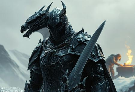 "Create a highly detailed, lifelike digital painting of a Headless Knight on a Freezing Point, with infinity blade armor and Black Rose Dragon features, inspired by DND and concept art from artists like Artgerm, Greg Rutkowski, and Alphonse Mucha. Incorporate anatomic details, a black shirt underneath the armor, and a blacksmith in the background. The style should resemble a smooth and sharp illustration, rendered with Octane or Unreal Engine, and showcasing a grainy, muted color palette, aiming for the golden ratio in composition. Desired output is HD, suitable for Artstation and a cinematic reveal, with a space camera footage feel."