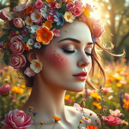 A surreal and ethereal portrait of a beautiful woman with her face seamlessly blended into a vibrant field of colorful flowers. Her skin is soft and glowing, with delicate floral patterns blooming from her cheeks and forehead. Her eyes are closed peacefully, symbolizing harmony with nature. Surrounding her are vivid blossoms in a wide spectrum of colors—roses, tulips, wildflowers—intertwined with flowing hair made of petals and leaves. The background is dreamy and slightly blurred, with golden sunlight filtering through trees. Artistic, fantasy, hyper-detailed, soft lighting, high-resolution.
