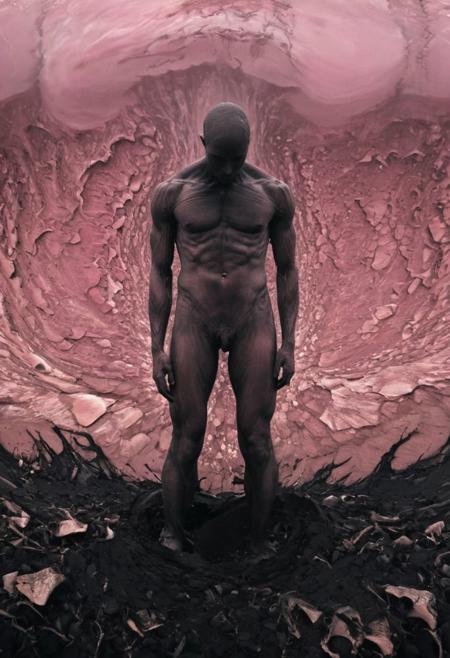 An enormous, muscular humanoid figure is rising from a flat, enormous eye in the ground as if the eye were a turbulent liquid. The scene has very little detail, appearing as though drawn digitally, with the texture in the image being low-resolution noise with a chromatic aberration effect. The color palette is predominantly pink and black, contributing to the surreal and unsettling atmosphere. The figure has a shadowy appearance with a hunched posture, head lowered, and arms bent forward, evoking a sense of unease and surrealism. The glitch effect adds to the feeling of something being wrong or out of place