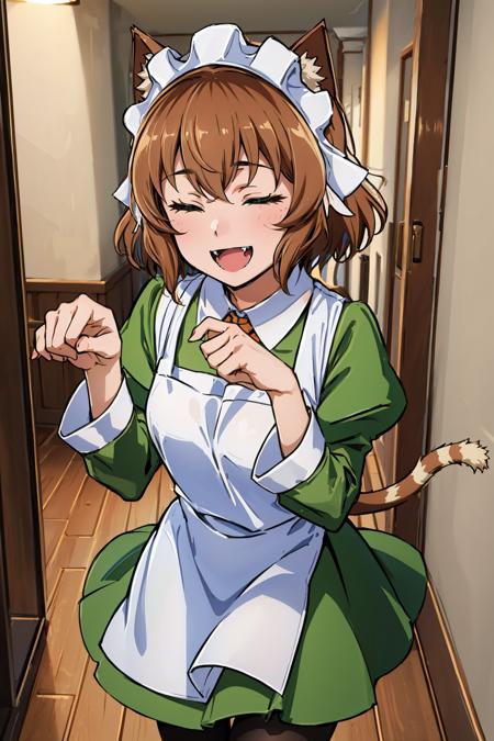 masterpiece, best quality, <lora:anyafromel-nvwls-v1-000009:0.9> anya fromel, maid headdress, cat ears, green dress, apron, cat tail, pantyhose, paw pose, smile, :D, closed eyes, fangs, hallway, happy