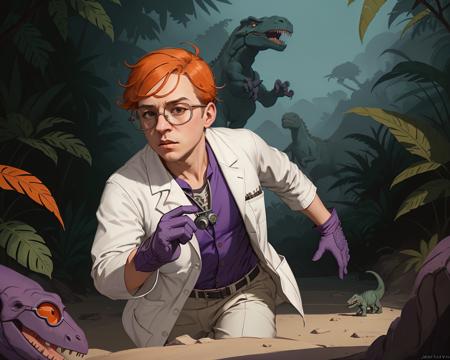 (masterpiece), (extremely intricate), (((photo of a boy scientist, orange hair, glasses))), (((purple gloves, closed white lab-coat, intricate details on clothing))), ((running away from a dinosaur)), (perfect composition:1.4), ((jungle background)), deviantart hd, artstation hd, concept art, detailed face and body, award-winning photography, margins, detailed face, professional oil painting by Ed Blinkey, Atey Ghailan, Jeremy Mann, Greg Manchess, Alex Gray, trending on ArtStation, trending on CGSociety, intricate, high detail, sharp focus, dramatic, award winning matte drawing cinematic lighting octane render unreal engine volumetrics dtx <lora:dextr95_V12:0.5>