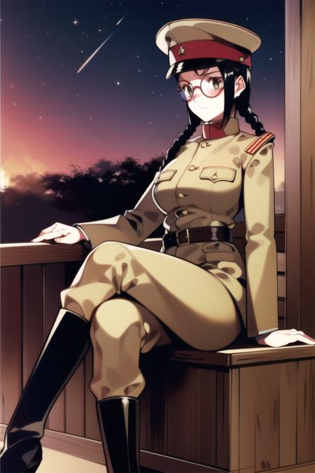 masterpiece, best quality, absurdres, high resolution, extremely detailed, 1girl, solo, looking at another, looking away,  sitting on wooden box, crossed legs,  ((IJA Taisho, khaki uniform, IJA officer,)), IJA peaked cap, black long boots, hand on hip,large breasts, wide hips,   narrow waist,  black hair, twin braids,  glasses, round eyewear, worried,  full-face blush,  holster, leather belt pouch,  burning chinese village,  ruined , ruined street, on fire, night sky, <lora:IJAuniform-v0:0.9> <lora:ooyari-style_v1.0:0.6>