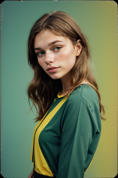 AnnaKolding, Century Camera Co. Studio, 160mm f/8, 1/10s, ISO 25, ((tintype, portrait, full color, bold color, yellow, green, gradient)), blouse, ((geometric halftone background))