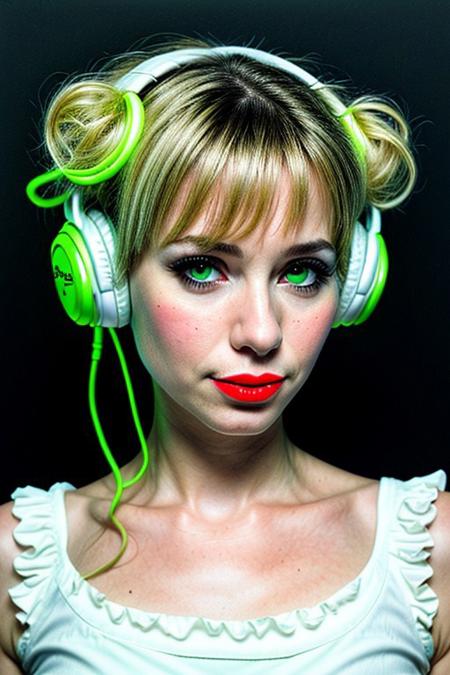 masterpiece, best quality, oil painting \(medium\), real, solo, 1girl, blonde hair, headphones, hair curls, black background, sound waves, green neon, white dress, musical note, red lipstick, medium hair, ringlets, green theme, hand on headphones, frills, puffy sleeves, short sleevesneon background, face close up, dutch view,