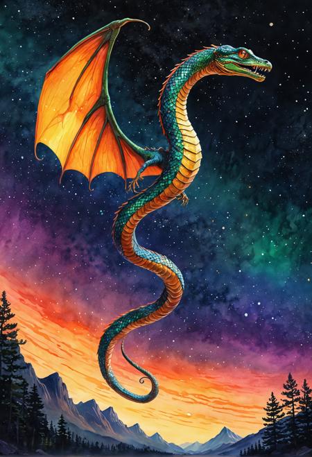 The Luminawing: a serpent-like creature with iridescent scales that shimmer in shades of golden sunset, fiery crimson, emerald green, and ultramarine blue, suspended against a starry night sky. The camera angle is a sweeping aerial shot.  Drawing style: Watercolor, Sketchbook, Digital Art.  This detailed, 4K, ultra-HD image features the Luminawing's sinuous body gliding effortlessly through the air, its scales reflecting the vibrant colors of the night sky like tiny mirrors.
