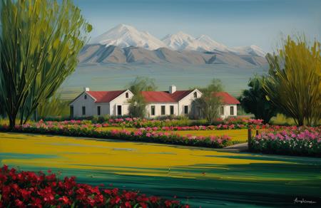 (style of Josh Adamski:1), a painting,scenery,scene painting, garden ,ranch ,hacienda ,yard ,plot ,estate , Delta ,