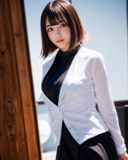 best quality, photorealistic, 8k, high res, 1girl, woman, (skindentation), (professional lighting), (portrait:0.6), (white closed buttoned office suit with black skirts:1.9), (small breast:1), gorgeous, ((parted hair)), (short straight hair:2), (floating hair:1.7), (eyes looking at viewer:1), ((looking at viewer:1.6)), (looking at the camera), photorealistic, (bokeh), (portait:0.6), (dynamic pose:1.2), masterpiece, intricate, realistic, sharp focus, award-winning photograph, sfw, smile:1.7, <lora:Lemon:0.81>