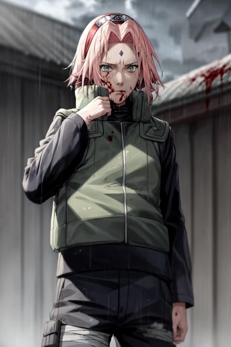 sakura warshippuden, woman, masterpiece, best quality, absurdres, standing , pale skin, (dirty face, blood on clothes, wet hair:1.2), serious, badass, bandaged leg, black pants, green eyes, green vest, long sleeves, bangs, forehead protector, shinobi symbol, forehead mark, looking at viewer, upper body, outdoors, black sky, rain, storm, grey ground, battlefield background, war atmosphere,   <lora:DetailLora:0.8> <lyco:BetterHands:1.0>, <lora:sakura_shippuden:1>